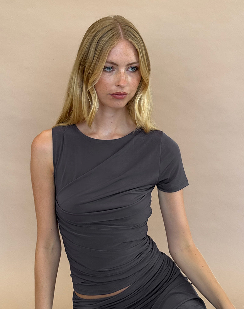 Zera Asymmetric Ruched Top in Grey-Nico Sky