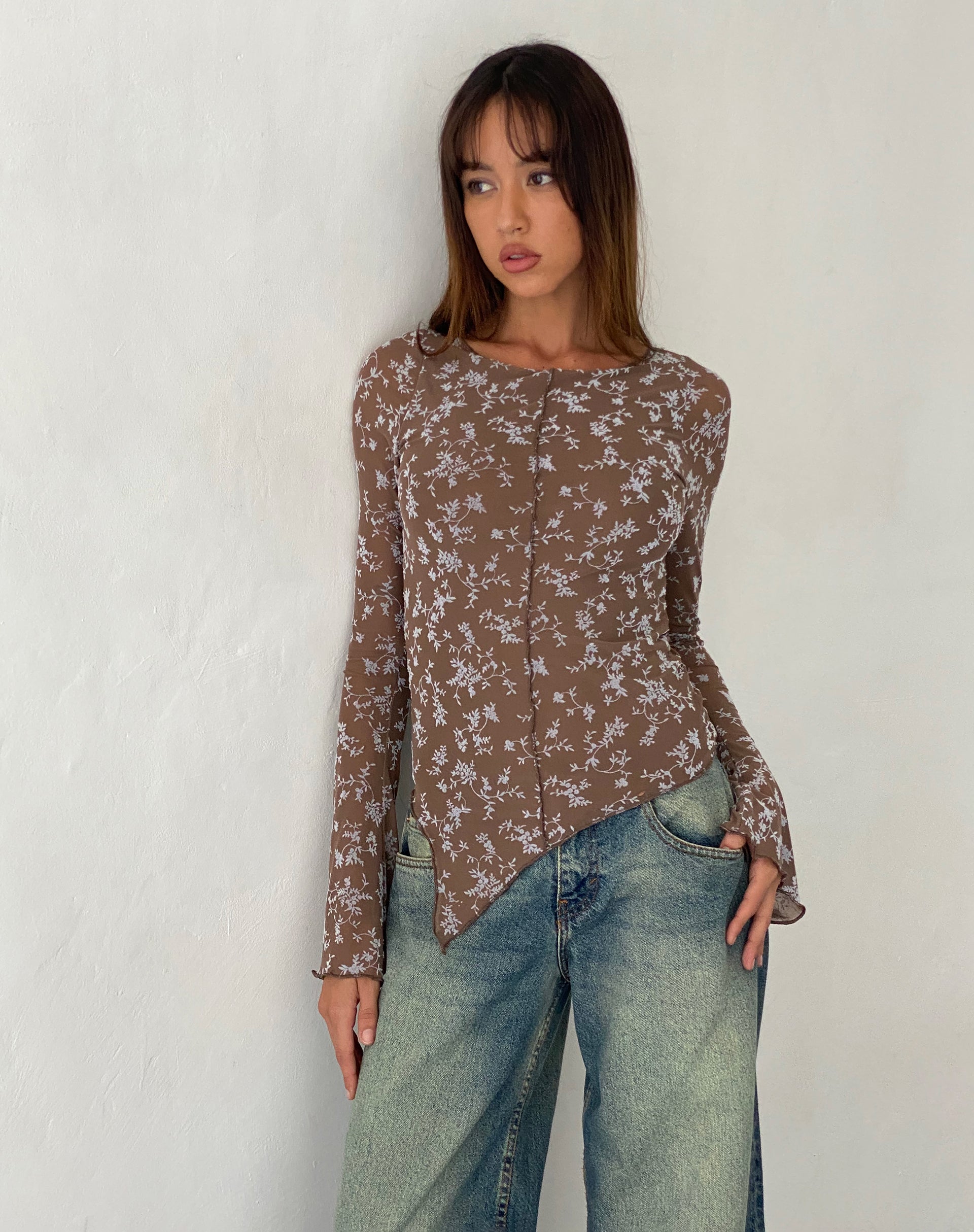 Zest Mesh Long Sleeve Top in Botanist Flock Dark Taupe-Nico Sky