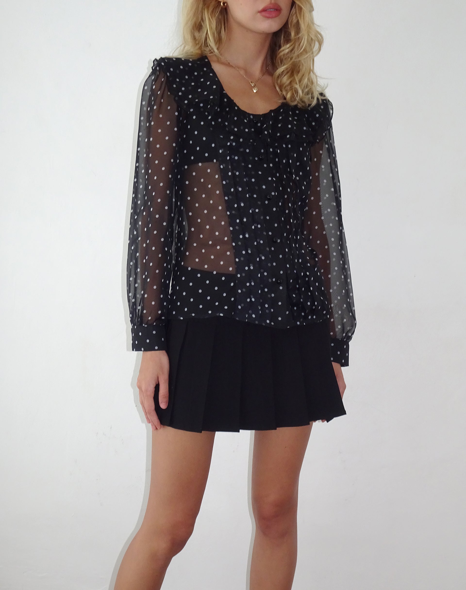 Zinnia Blouse in Polka Black Chiffon-Nico Sky