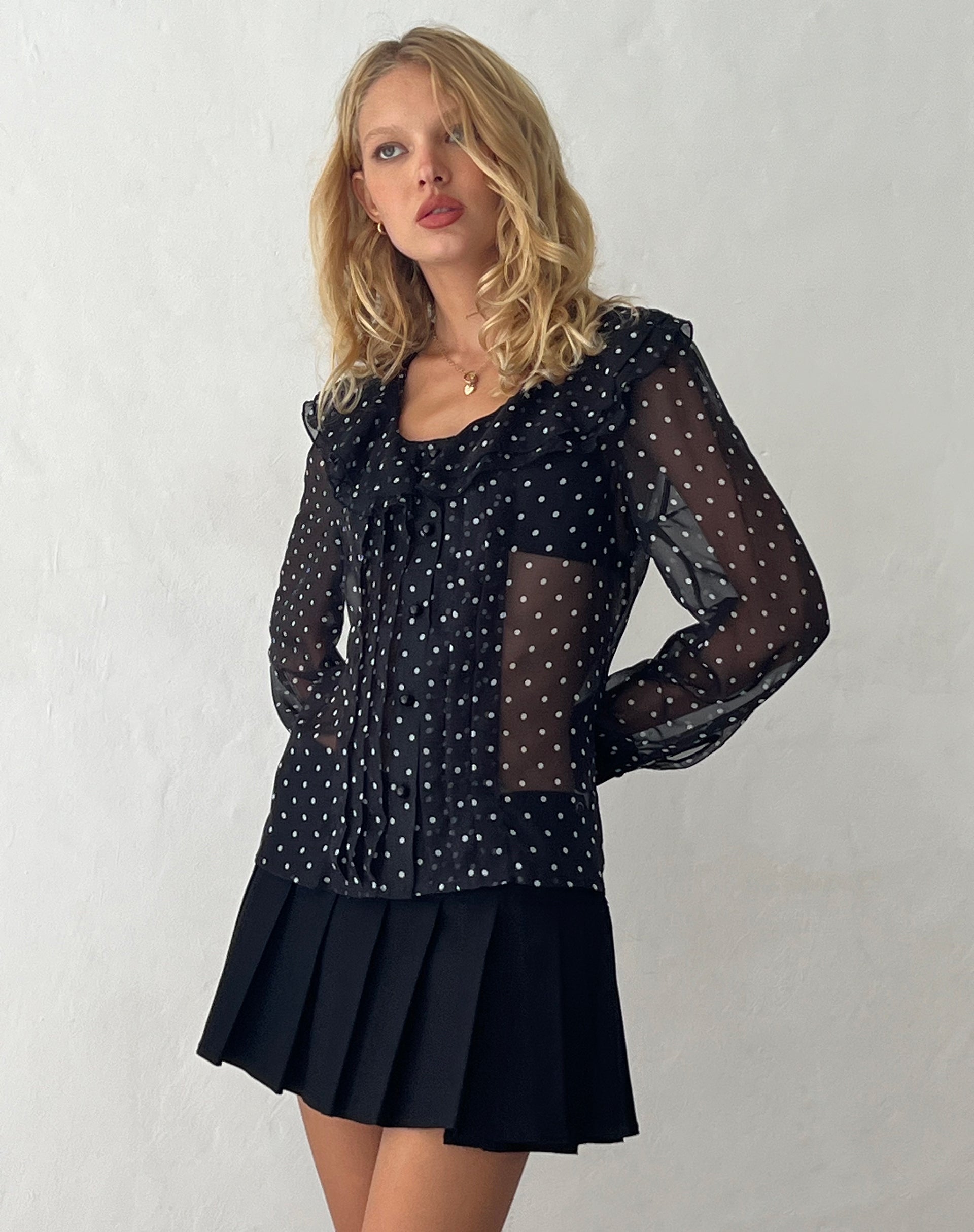 Zinnia Blouse in Polka Black Chiffon-Nico Sky
