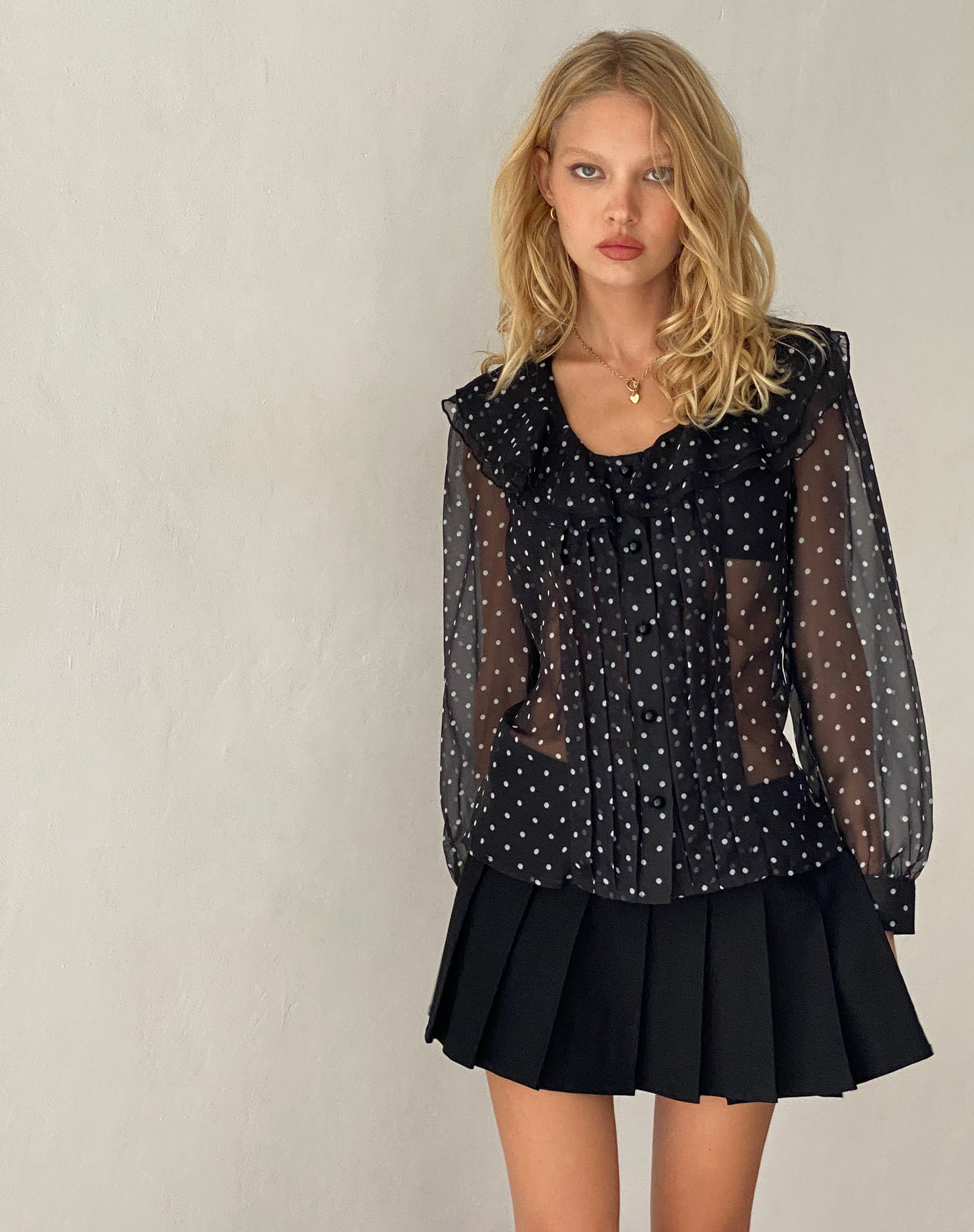 Zinnia Blouse in Polka Black Chiffon-Nico Sky