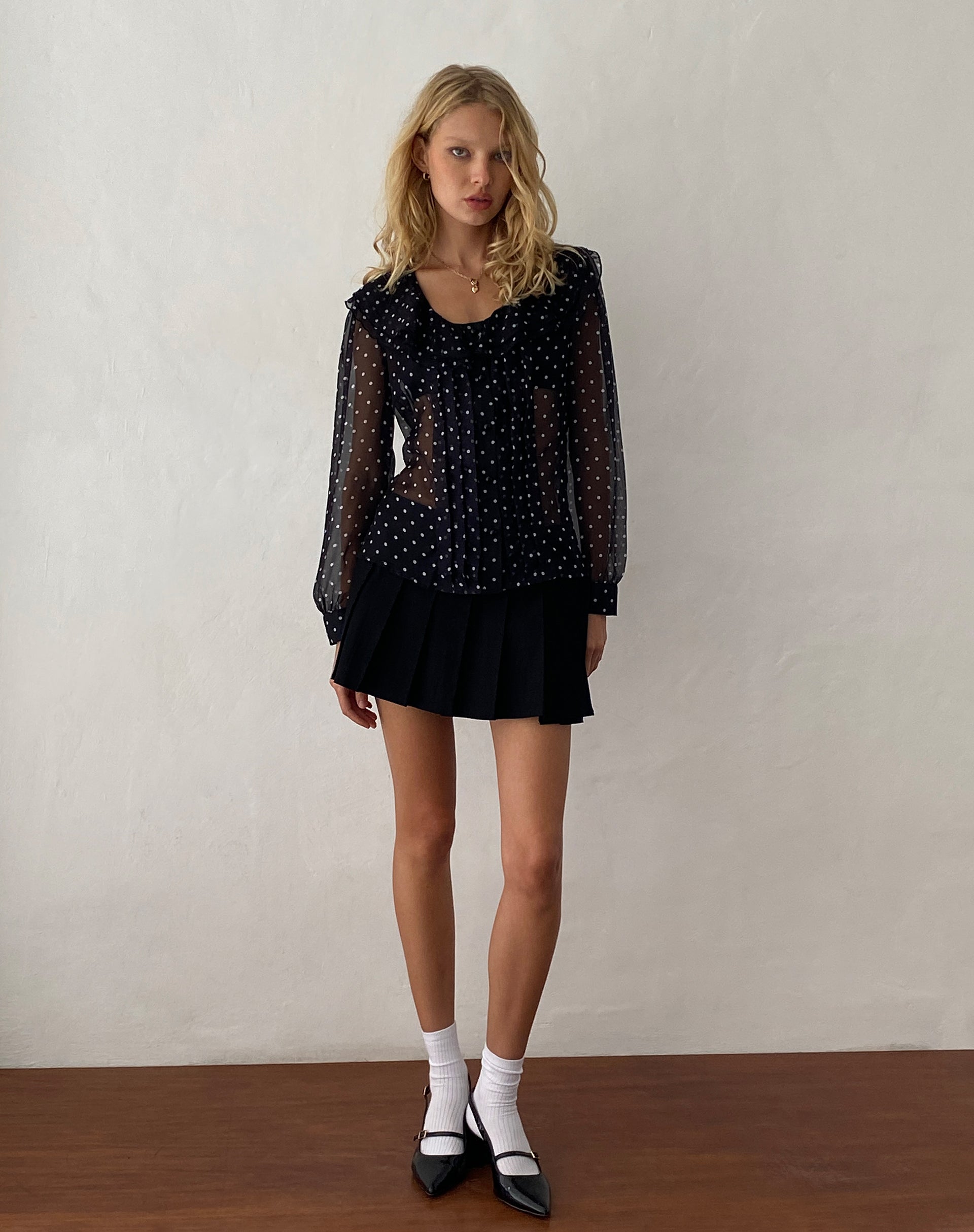 Zinnia Blouse in Polka Black Chiffon-Nico Sky