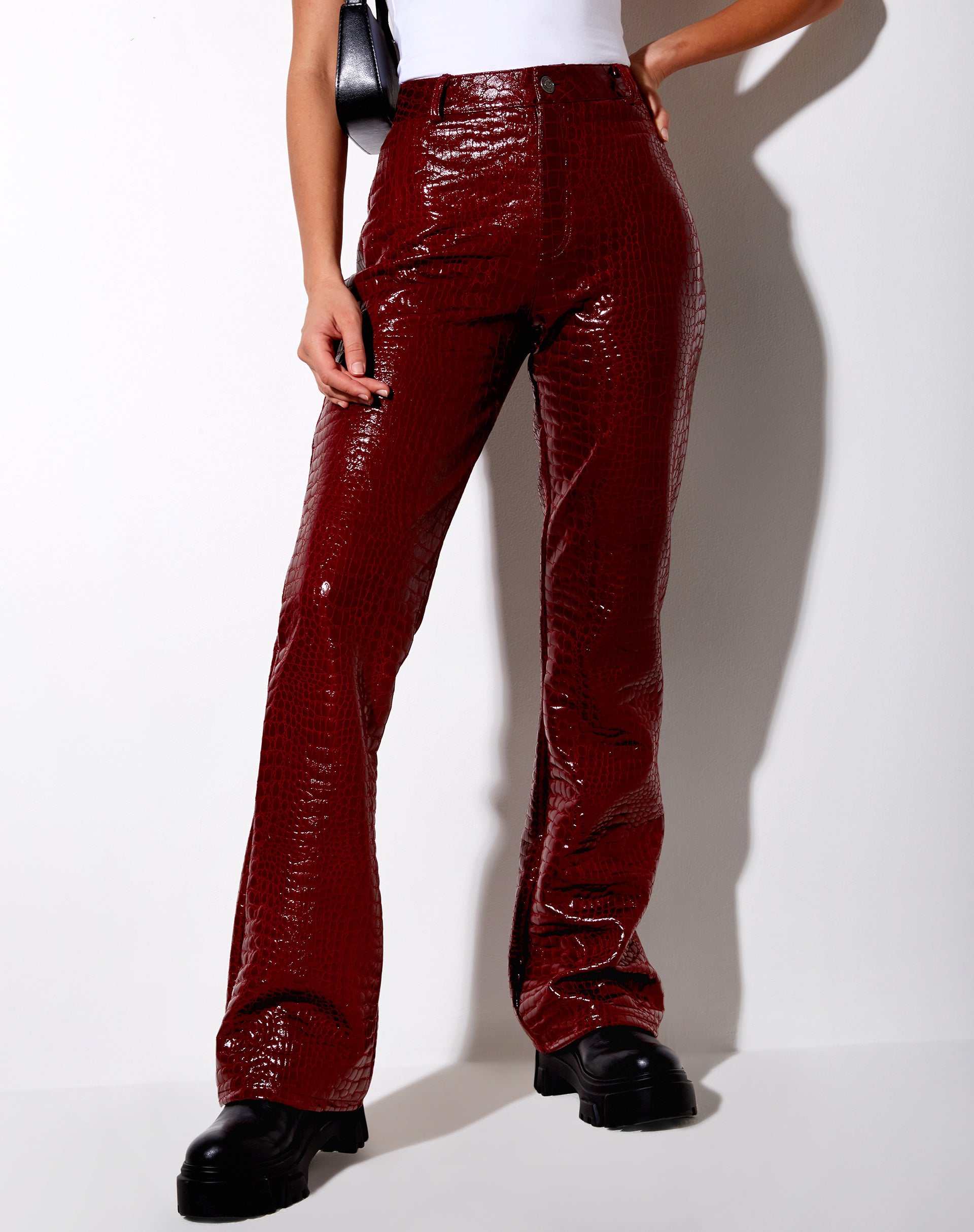 Zoven Trouser in Croc PU Burgundy-Nico Sky