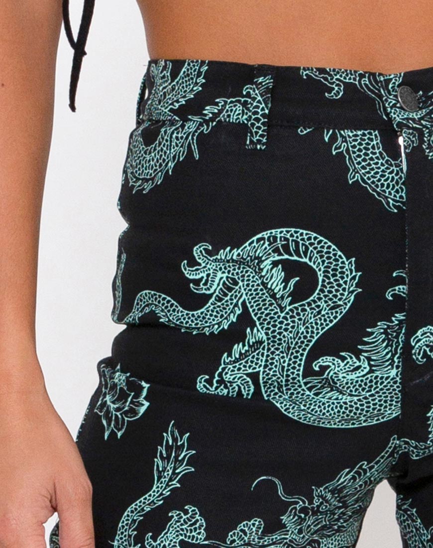 Zoven Trouser in Dragon Flower Black and Mint-Nico Sky