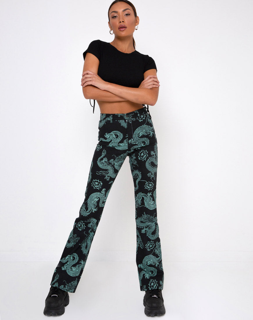Zoven Trouser in Dragon Flower Black and Mint-Nico Sky