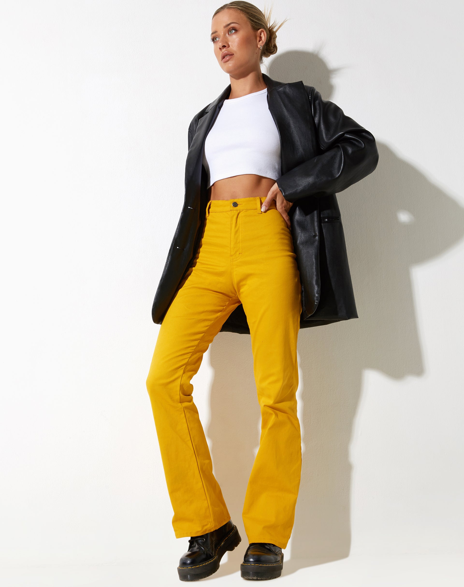 Zoven Flare Trouser in Twill Sulfur Mustard-Nico Sky