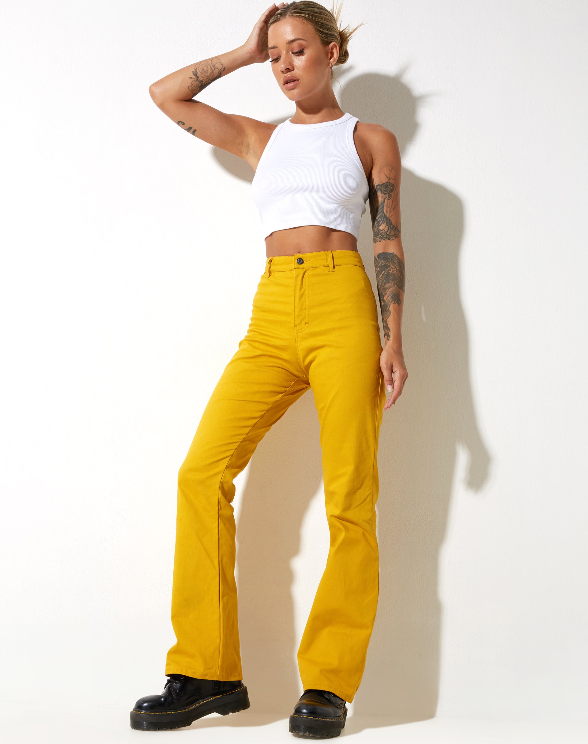 Zoven Flare Trouser in Twill Sulfur Mustard-Nico Sky