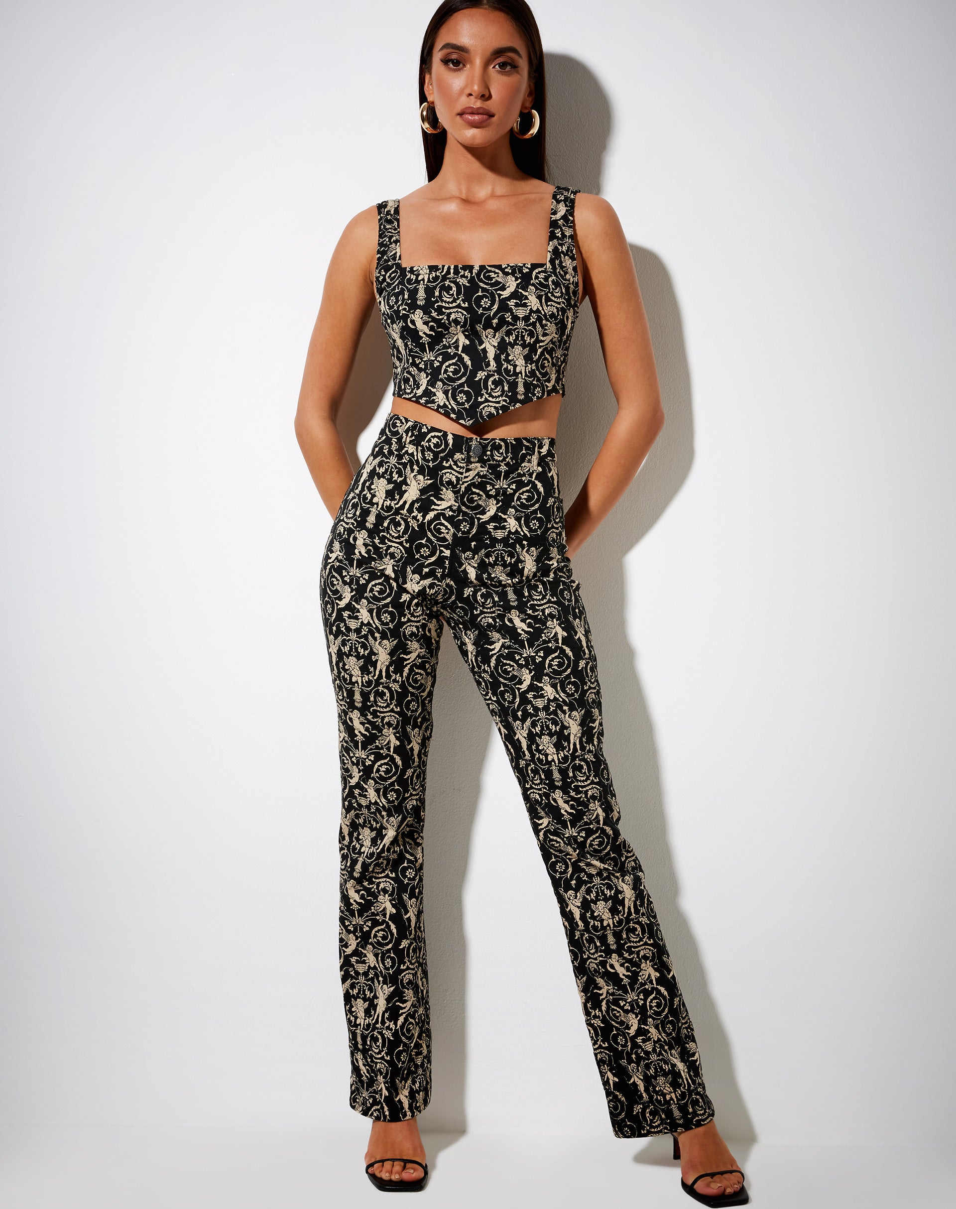 Zoven Flare Trouser in Baroque Cherub Black and Gold-Nico Sky