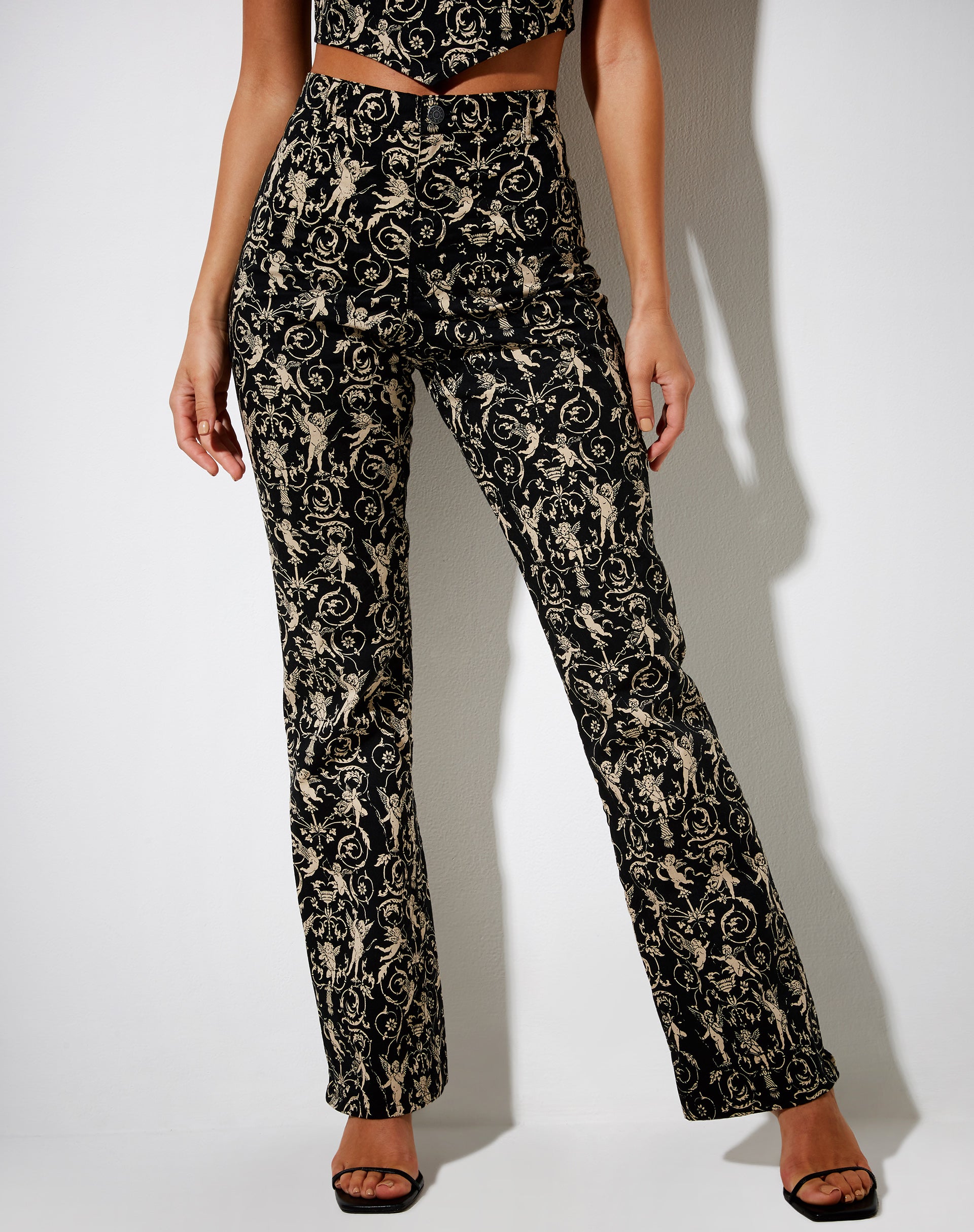 Zoven Flare Trouser in Baroque Cherub Black and Gold-Nico Sky