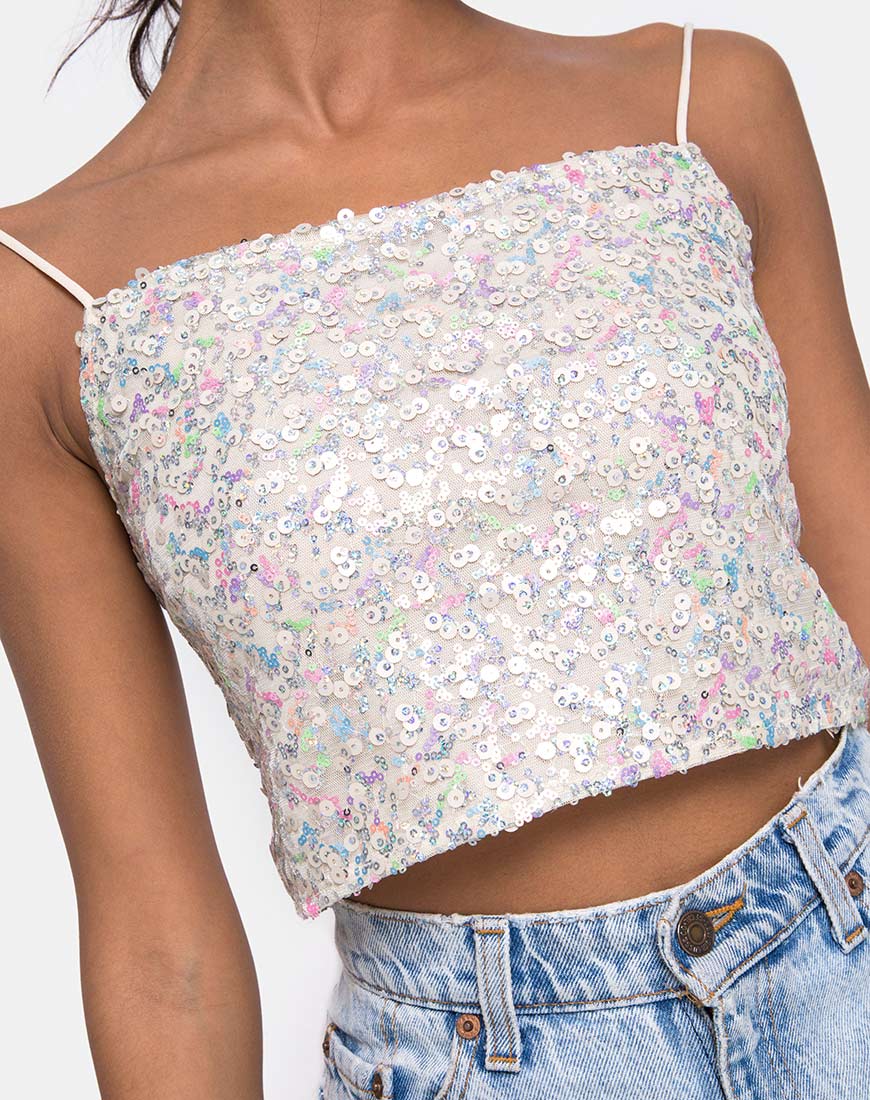 Chantik Crop Top in Confetti Sequin Irisdescent White-Nico Sky