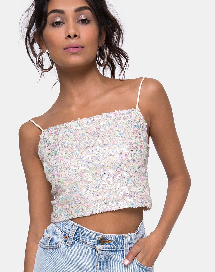 Chantik Crop Top in Confetti Sequin Irisdescent White-Nico Sky