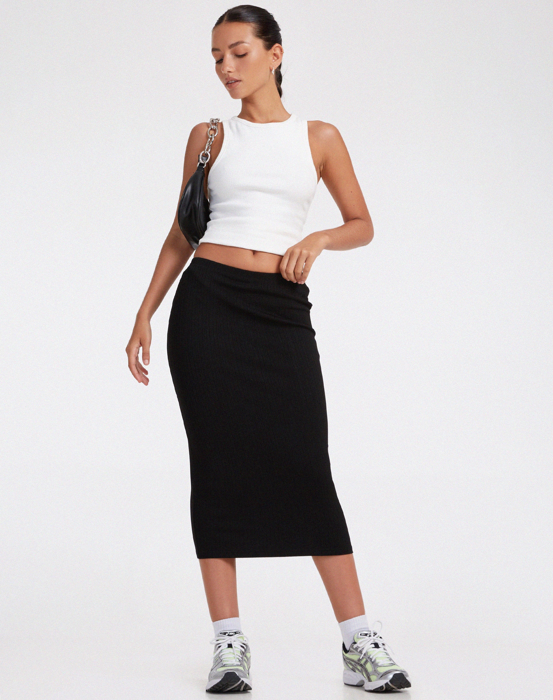 Magata Midi Skirt in Jersey Plise Black-Nico Sky