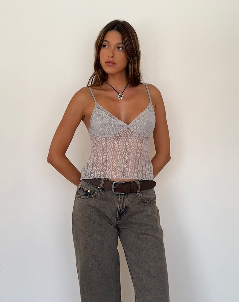 Megara Strappy Top in Silver Grey Lace Mesh-Nico Sky