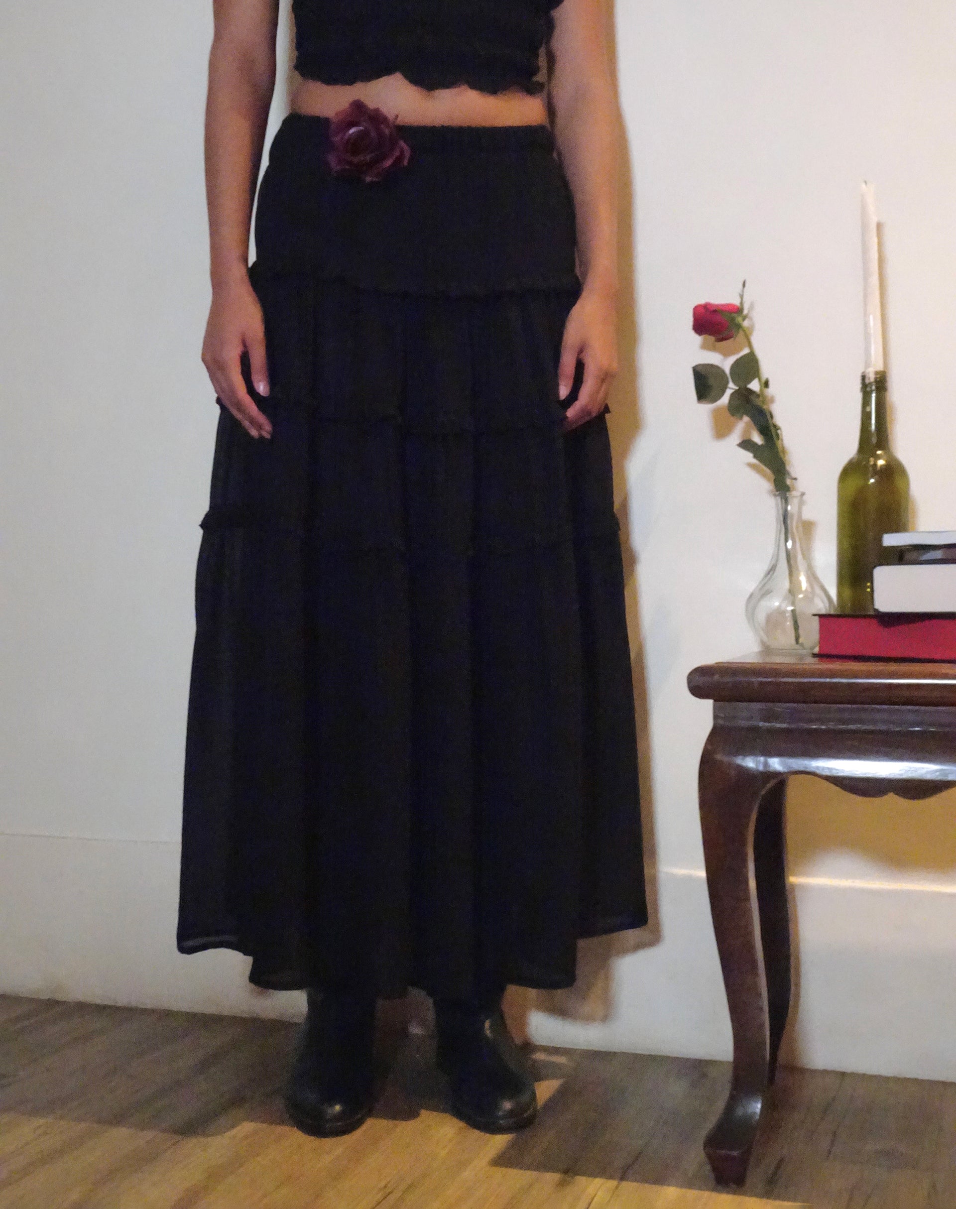 Norah Tiered Maxi Skirt in Black Chiffon-Nico Sky