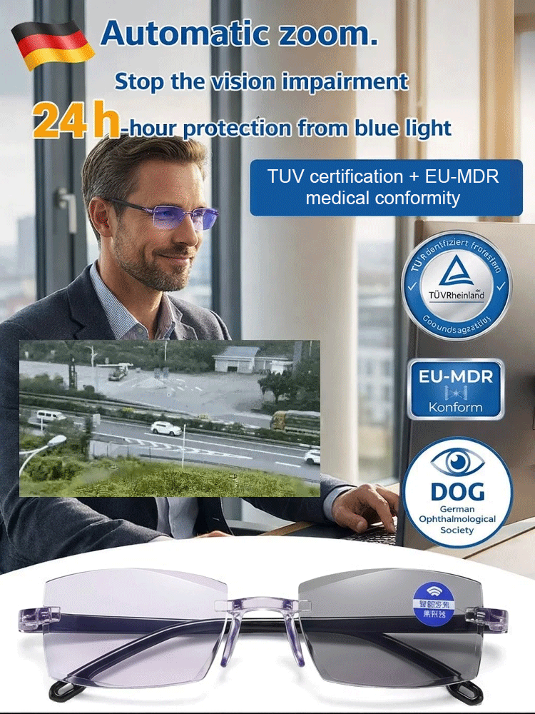 TUV + EU-MDR Dual Certification! 🇩🇪 Smart Zoom Reading Glasses – 100-700° Auto-Focus & 98% Blue Light Blocking 🛡️