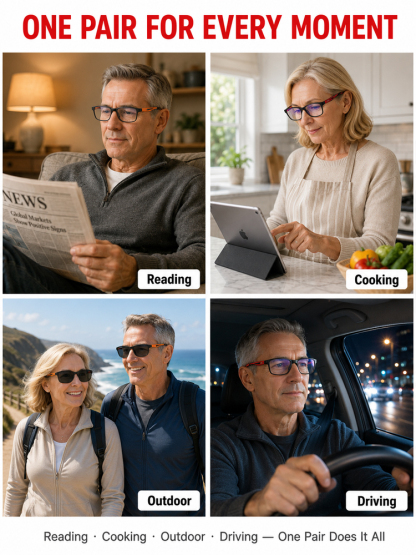 🚀 Smart Focus Glasses: Wear to see clearly, No more swapping!Stop swapping glasses! One progressive photochromic pair for 24/7 crystal-clear vision.