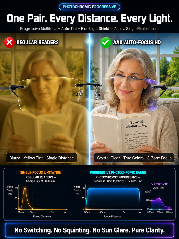 Auto-Focus Glasses 🕶️: A pair of smart progressive photochromic glasses 🔍, locking in high-definition vision all day long ☀️. Instantly turns into sunglasses outdoors, offering powerful UV protection to shield your eyes ✅.