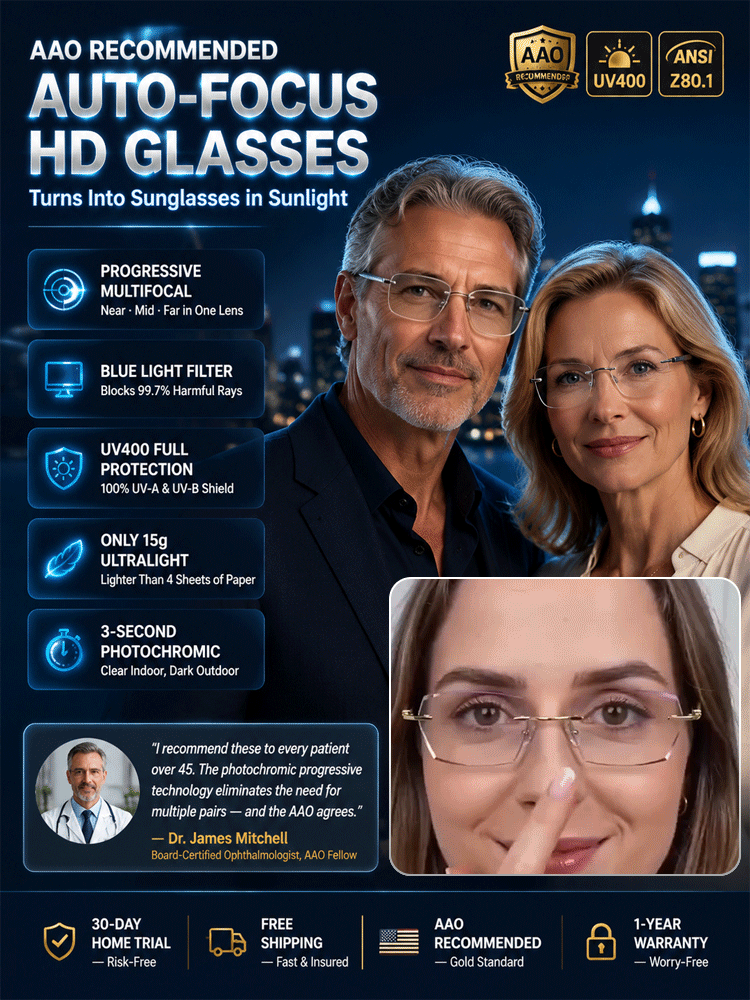 Auto-Focus Glasses 🕶️: A pair of smart progressive photochromic glasses 🔍, locking in high-definition vision all day long ☀️. Instantly turns into sunglasses outdoors, offering powerful UV protection to shield your eyes ✅.