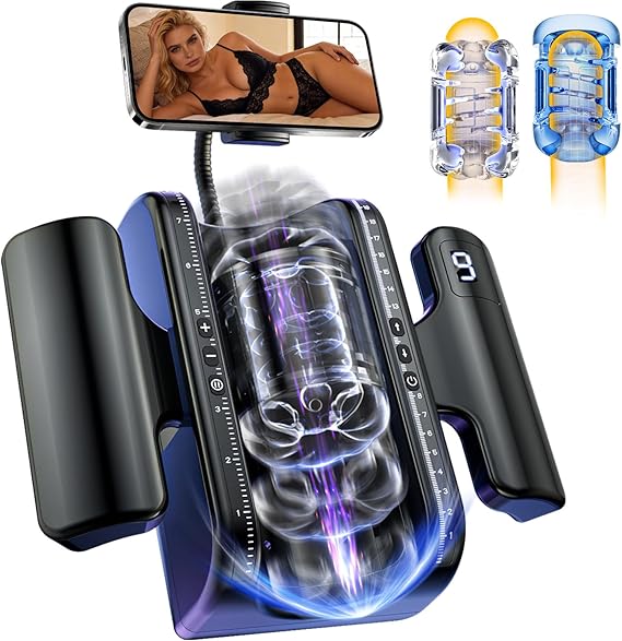 Male Masturbator Sex Toys for Men - Pocket Pussy Adult Toys with 7.8in Adjustable Thrusting Length & 9 Speeds, LCD Male Sex Toy Hands Free Masturbators with 2 Sleeves & Phone Stand Male Stroker
