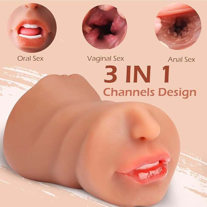 3 in 1 Pocket Pussy Male Masturbators with Lifelike Face, Sex Doll with Realistic Textured Mouth Vagina and Tight Anus, Masturbator Male Stroker Deep Throat Oral Adult Sex Toys for Men Pleasure(Brown)