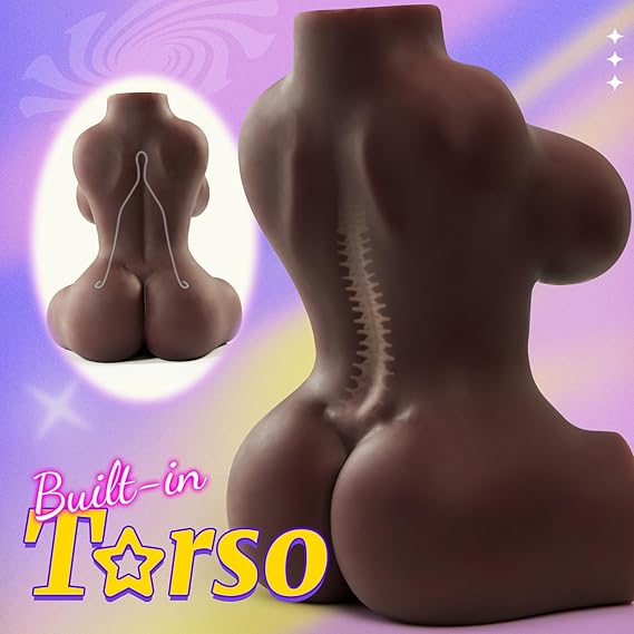 Ebony-Skin Sex Doll Male Masturbator with Perky Boobs Vagina and Tight Anal Sex Toys for Men Masturbation,  3 in 1 Adult Torso Love Dolls, Realistic Pussy Masturbator for Men Orgasm