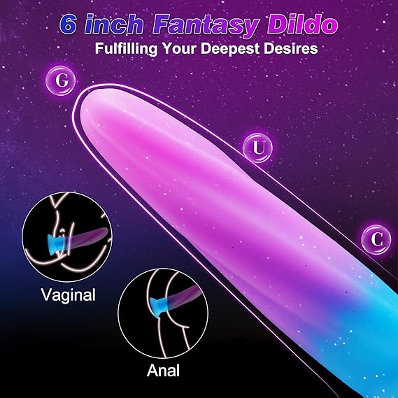Soft 6-Inch Silicone Dildo with Suction Cup – Slim G-Spot & Prostate Toy for Beginners, Small Fantasy Anal & Butt Plug for Men and Women, Purple Blue