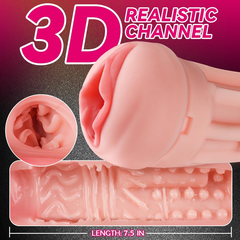  Male Masturbator Cup, Quiet Adult Sex Toys for Men Realistic Pocket Pussy Vagina Textured with 7.5in Depth Soft and Manual Sex Machine