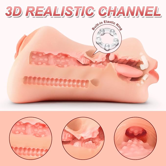 3 in 1 Pocket Pussy Male Masturbator - Adult Sex Toys for Men Penis Stimulation,Male Blowjob Stroker Toy with 3D Realistic Textured Tight Anus & Real Mouth for Man Masturbation Pleasure (Flesh)