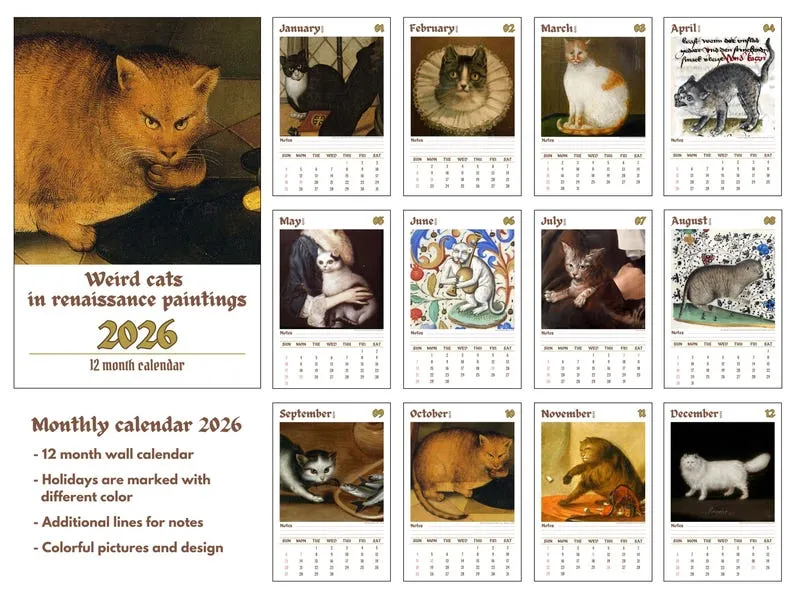 Weird cats in renaissance 2026 Wall Calendar