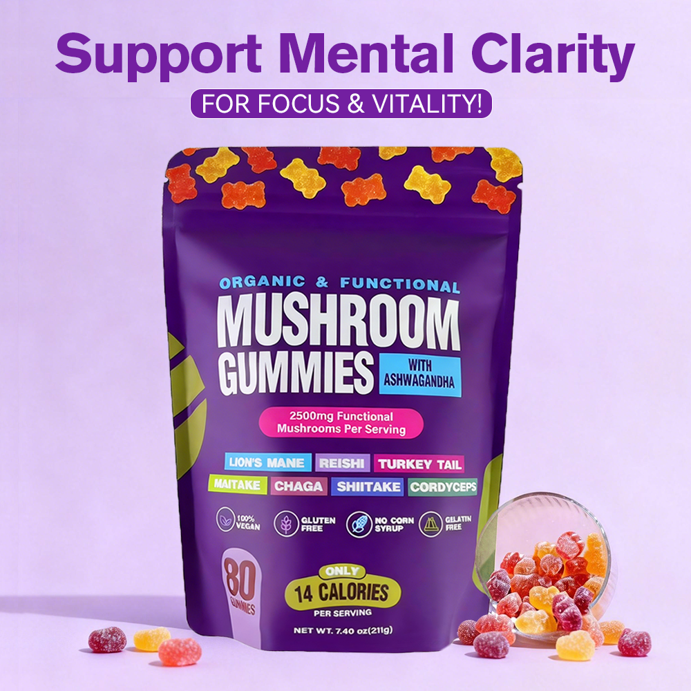 Mushroom Gummies Low Calories Featuring Lion’s Mane, Organic Reishi, Turkey Tail, Boosts Energy and Stamina Sports, and Fitness 80 Gummies, Support Daily Wellness, these Non-GMO