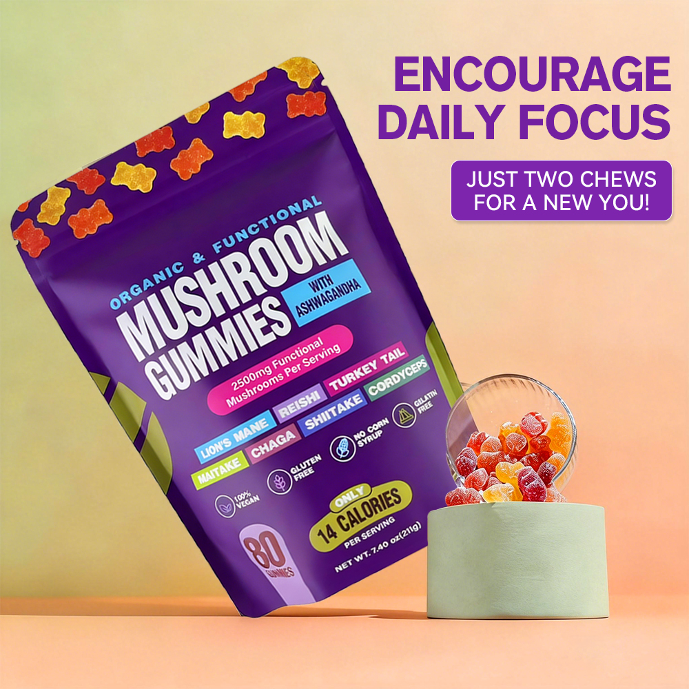 Mushroom Gummies Low Calories Featuring Lion’s Mane, Organic Reishi, Turkey Tail, Boosts Energy and Stamina Sports, and Fitness 80 Gummies, Support Daily Wellness, these Non-GMO