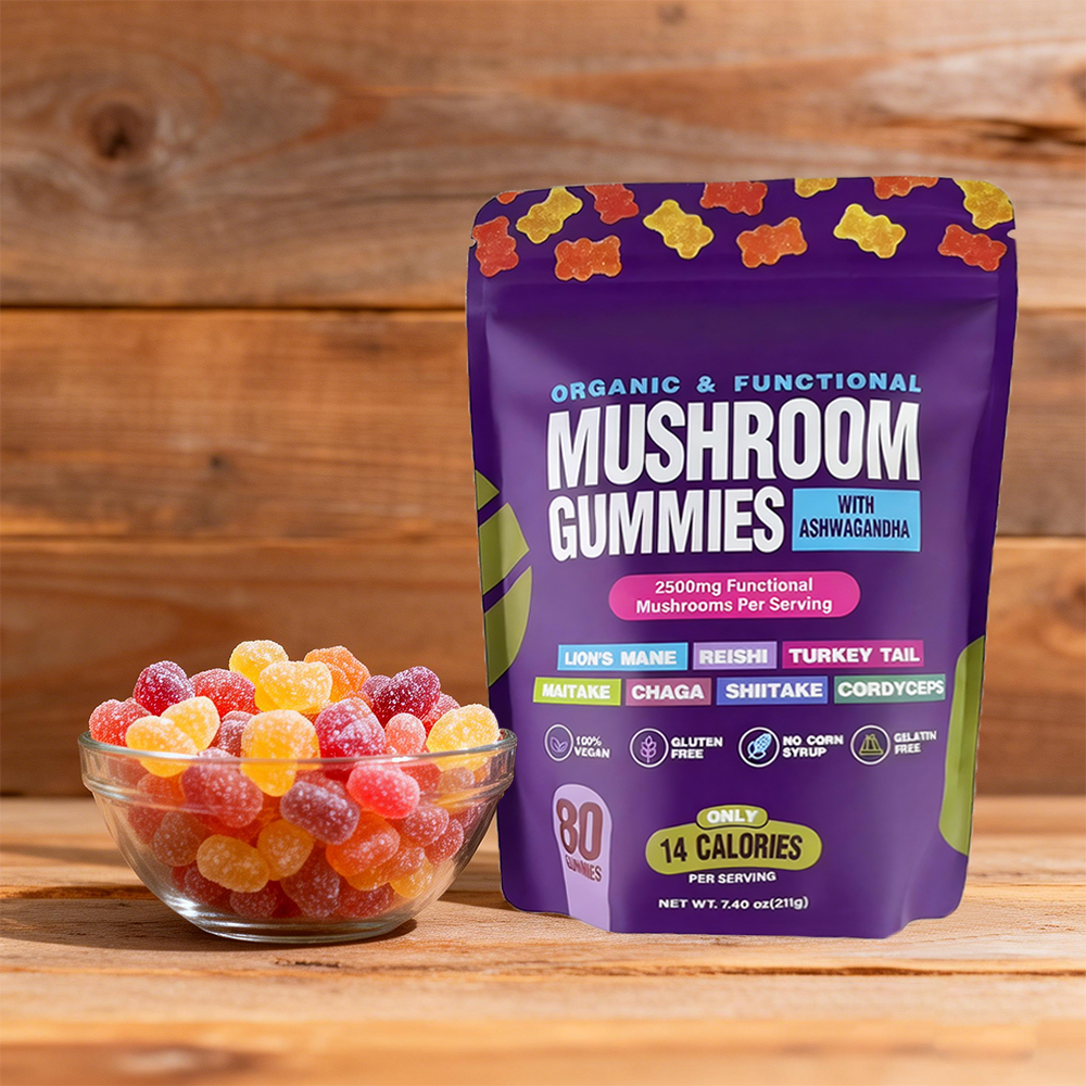 Mushroom Gummies Low Calories Featuring Lion’s Mane, Organic Reishi, Turkey Tail, Boosts Energy and Stamina Sports, and Fitness 80 Gummies, Support Daily Wellness, these Non-GMO