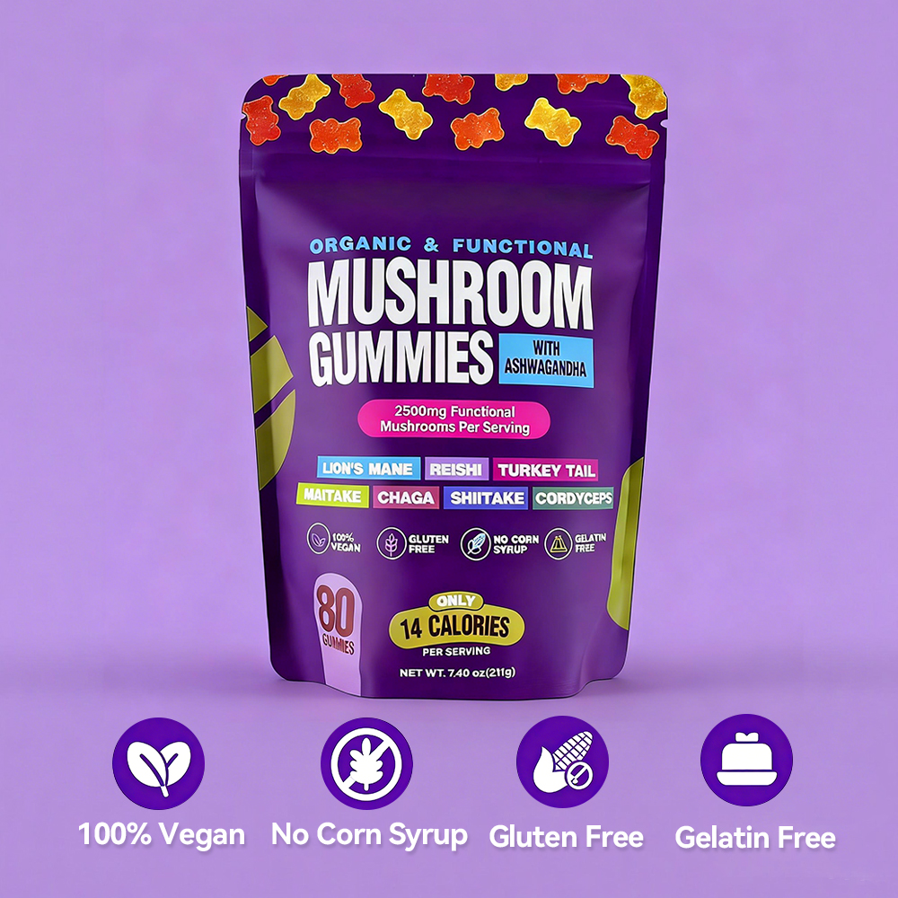 Mushroom Gummies Low Calories Featuring Lion’s Mane, Organic Reishi, Turkey Tail, Boosts Energy and Stamina Sports, and Fitness 80 Gummies, Support Daily Wellness, these Non-GMO