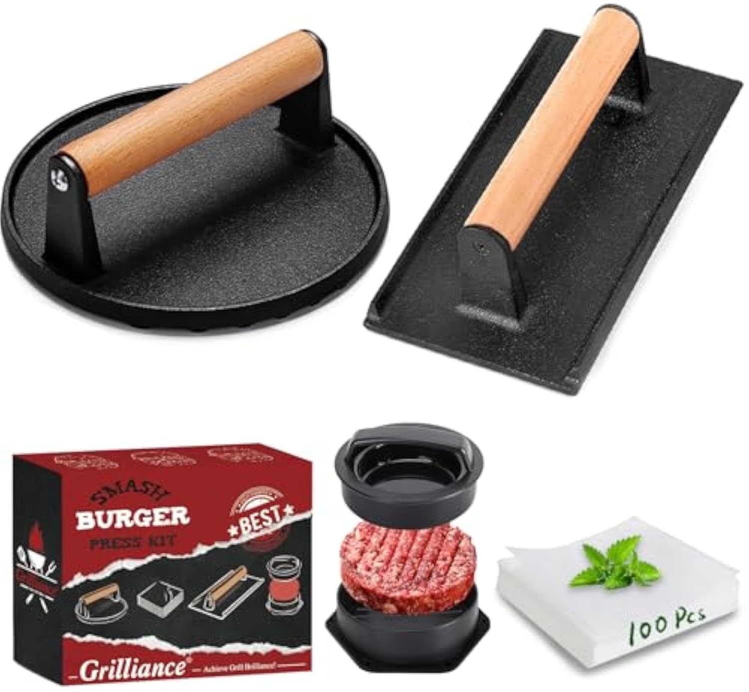 5pcs Smash Burger Press Kit, 3 in 1 Hamburger Press Patty Maker, Cast Iron Burger Press Round & Rectangle, 100pcs Wax Paper for Grill, Griddle, Flat top, Kitchen, Cooking