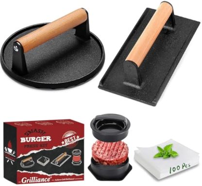 5pcs Smash Burger Press Kit, 3 in 1 Hamburger Press Patty Maker, Cast Iron Burger Press Round & Rectangle, 100pcs Wax Paper for Grill, Griddle, Flat top, Kitchen, Cooking