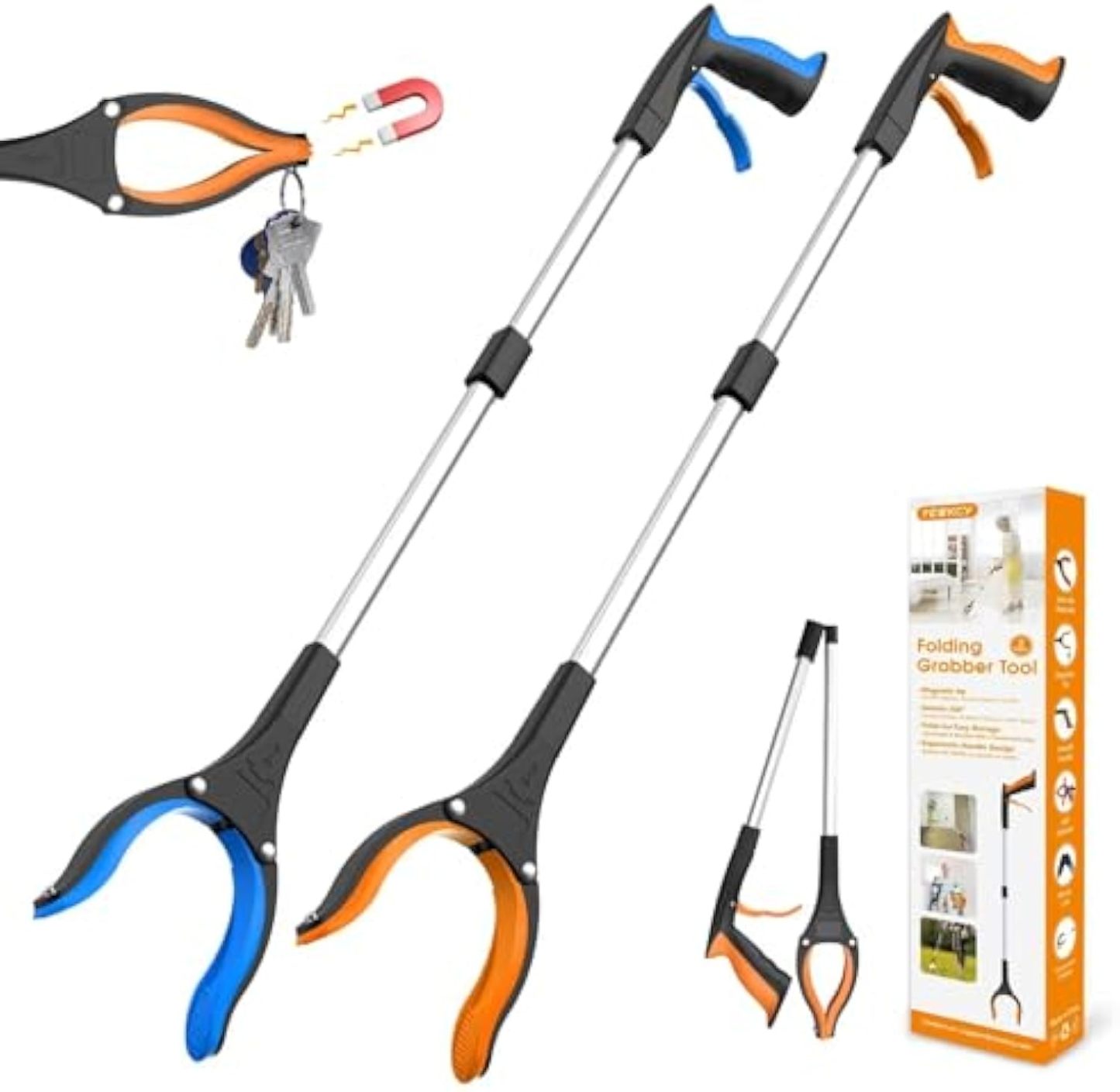 32" Grabber Reacher Tool, 2-Pack Foldable Reacher Grabber Pickup Tool with 360° Rotating Jaw & Magnet, Trash Picker Upper Grabber, Lightweight Grabbers for Seniors Heavy Duty