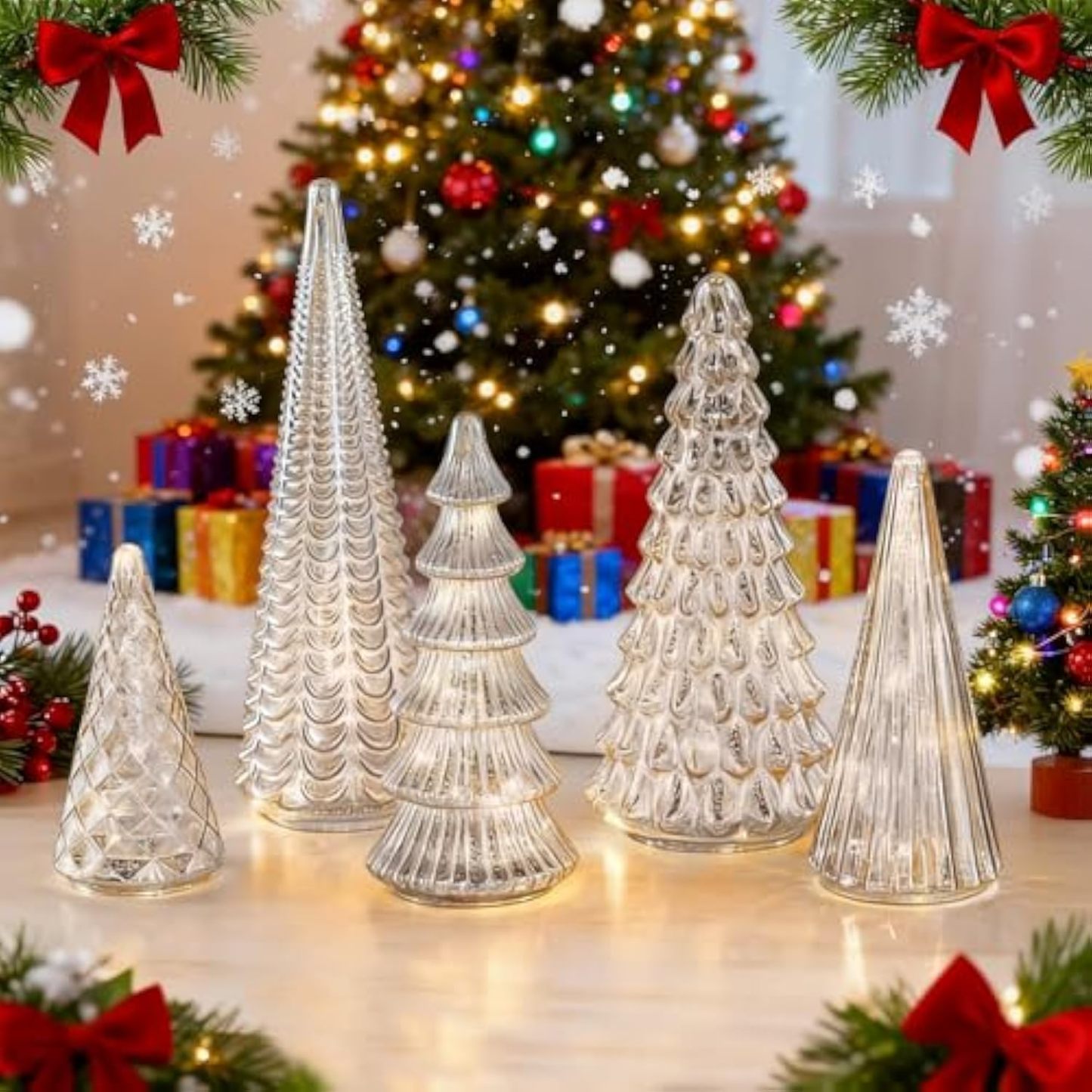 Set of 5 Illuminated Mercury Glass Trees - Upgrade Mercury Glass Christmas Trees with LED Lighted Tabletop Decor, Crackled Mercury GlassTrees for Xmas Home Party Centerpiece Tabletop Mantel (Silver)