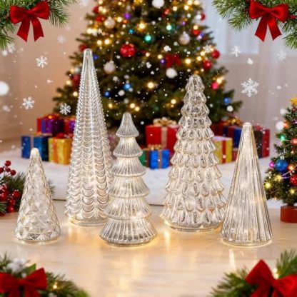 Set of 5 Illuminated Mercury Glass Trees - Upgrade Mercury Glass Christmas Trees with LED Lighted Tabletop Decor, Crackled Mercury GlassTrees for Xmas Home Party Centerpiece Tabletop Mantel (Silver)