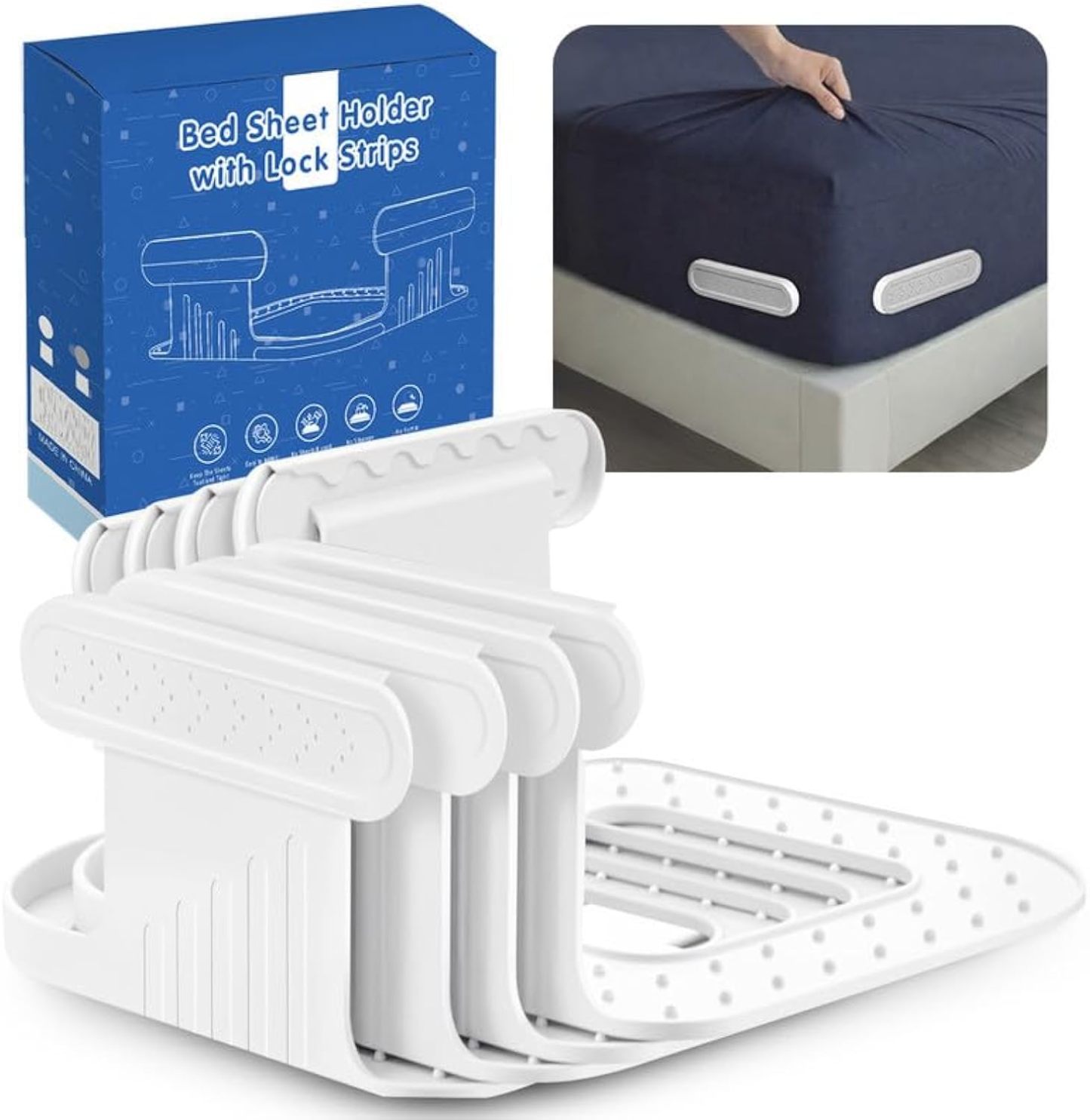 Upgraded Bed Sheet Holders for Corners, Heavy Duty 4 Pack Extra Large Fitted Sheet Clips -Lock Sheet Fasteners Keep Sheets Firm and Tight on Twin, Full, Queen, King Mattress, Easy Install