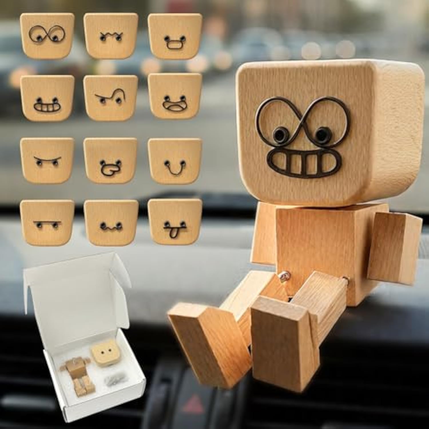 Shaking Wooden Man Figurine，Charming Little Wooden Figure That Sways Shake Your Feet with 12 PCS Expressions,Handmade Shaking Feet for Dashboard Wood Desktop