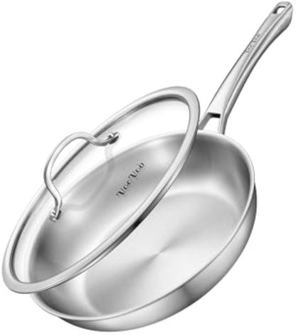 12 inch Tri-Ply Stainless Steel Frying Pan with LID,PFOA&PTFE Free Skillets,Chef's Pans,Dishwasher and Oven Safe Cookware, Works on Induction,Ceramic and Gas Cooktops