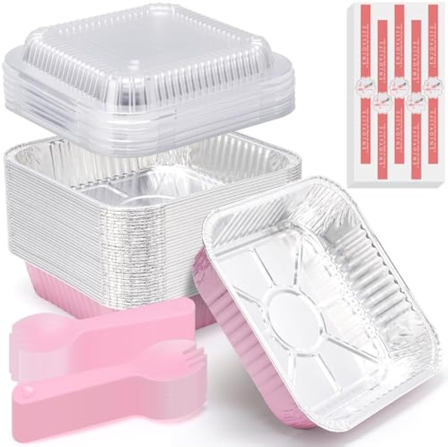 (35 Pack)Pink 8x8 Inch Disposable Aluminum Foil Pans&Square Cake Pans for Parties, Clear Plastic Lids,Eco-Friendly Baking Trays with Stickers&Cake Spoons,Picnics,Casseroles,Takeout,Recyclable Cookware
