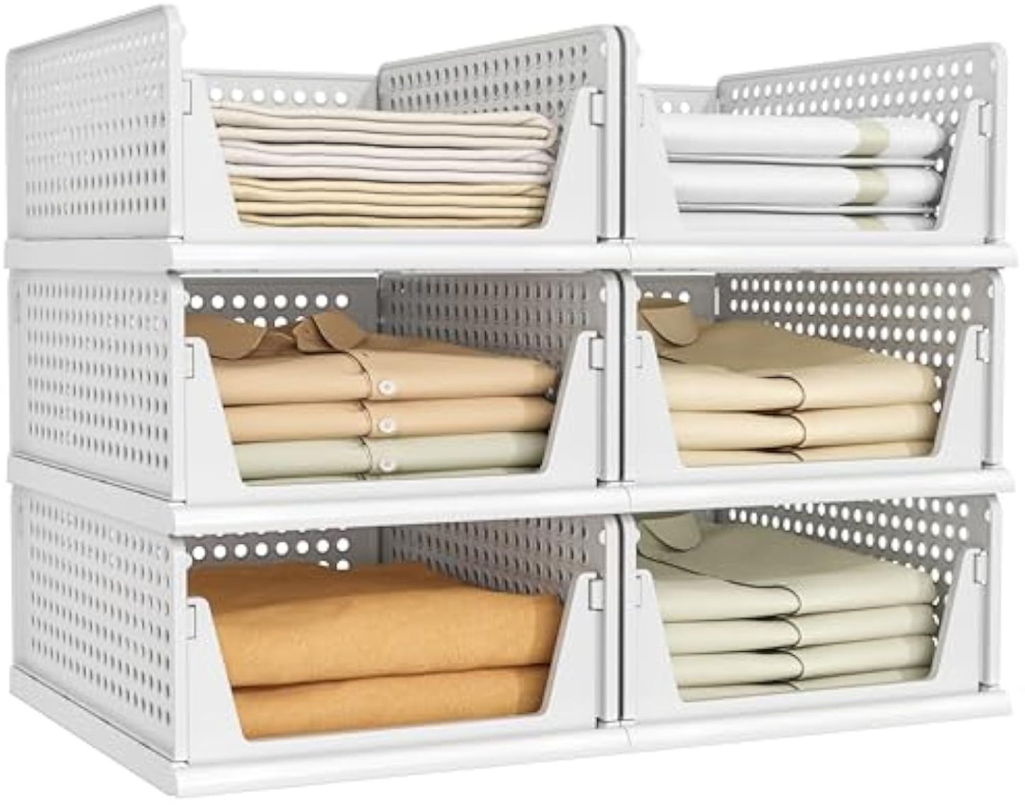 6 Pack Closet Organizers Storage Box, Stackable Plastic Drawer Basket for Clothing, Stackable Storage Bins Shelf Storage Container for Closet Wardrobe Bedroom Bathroom Office White