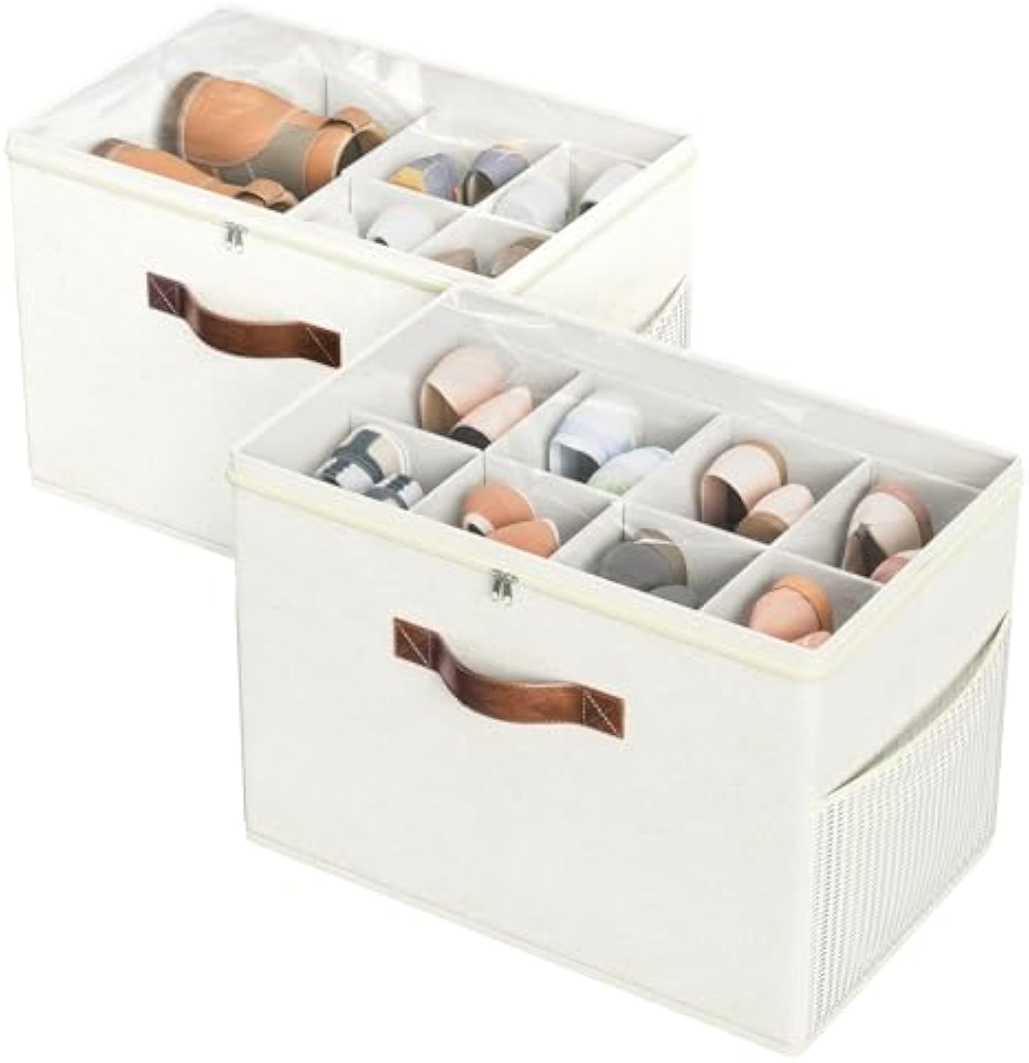 2 Pack Shoe Organizer for Closet, Clear Foldable Shoe Storage Containers Adjustable Dividers Fits 16 Pairs,Shoe Storage Bins Baskets Boxes with Reinforced Handles Beige