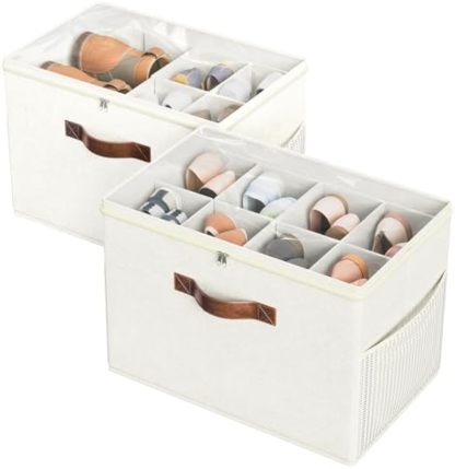 2 Pack Shoe Organizer for Closet, Clear Foldable Shoe Storage Containers Adjustable Dividers Fits 16 Pairs,Shoe Storage Bins Baskets Boxes with Reinforced Handles Beige