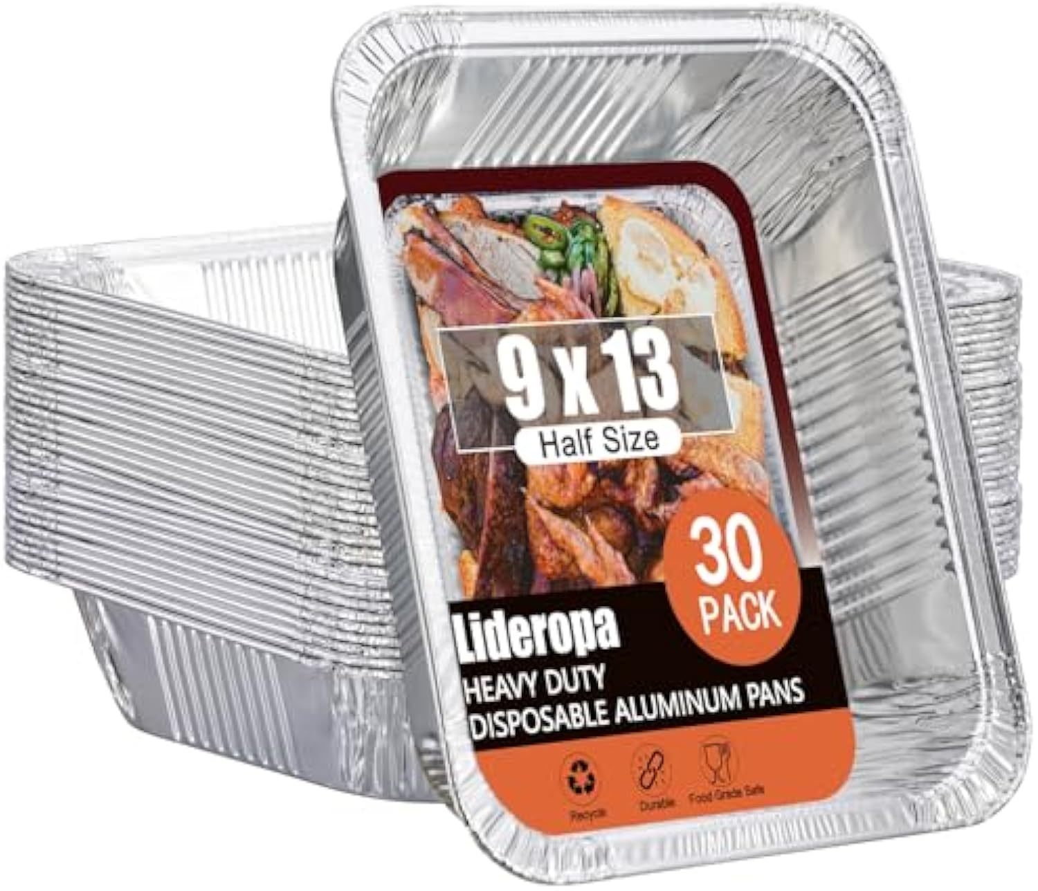 Half Size Aluminum Pans 9x13-30 Pack Aluminum Foil Pans, Heavy Duty Disposable Pans for Cooking, Storing, Prepping, and Freezing Food