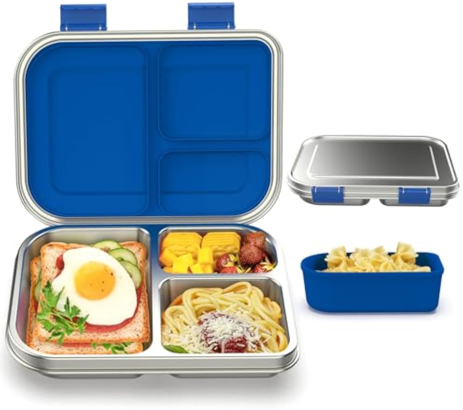 Stainless Steel Bento Box Kids, 3 Compartments Leak Proof Metal Bento Lunch Box, 304 Stainless Steel Bento Lunch Containers for School and Office,Dishwasher Safe, BPA-Free-Blue