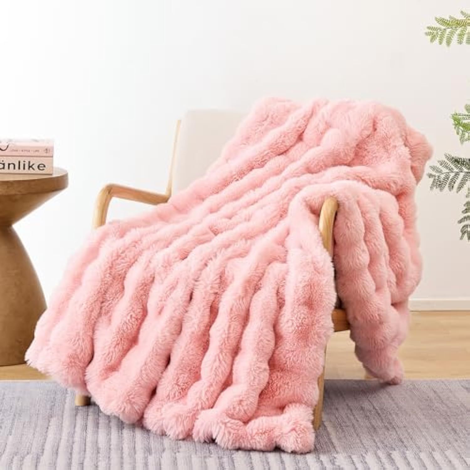 Faux Fur Throw Blanket for Couch – Blush Pink Fluffy Cozy Rabbit Fleece, Plush Soft Bubble Blanket for Sofa & Bed, for Mom, Warm Fuzzy Home Room Decor Throw 50" x 60"
