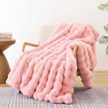 Faux Fur Throw Blanket for Couch – Blush Pink Fluffy Cozy Rabbit Fleece, Plush Soft Bubble Blanket for Sofa & Bed, for Mom, Warm Fuzzy Home Room Decor Throw 50" x 60"