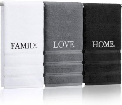 3 Pcs Farmhouse Decorative Hand Towels for Bathroom and Kitchen Rustic Embroidered 100% Cotton Hand Towels Decorative Set for Boho Bathroom Decor(Home Love Family)